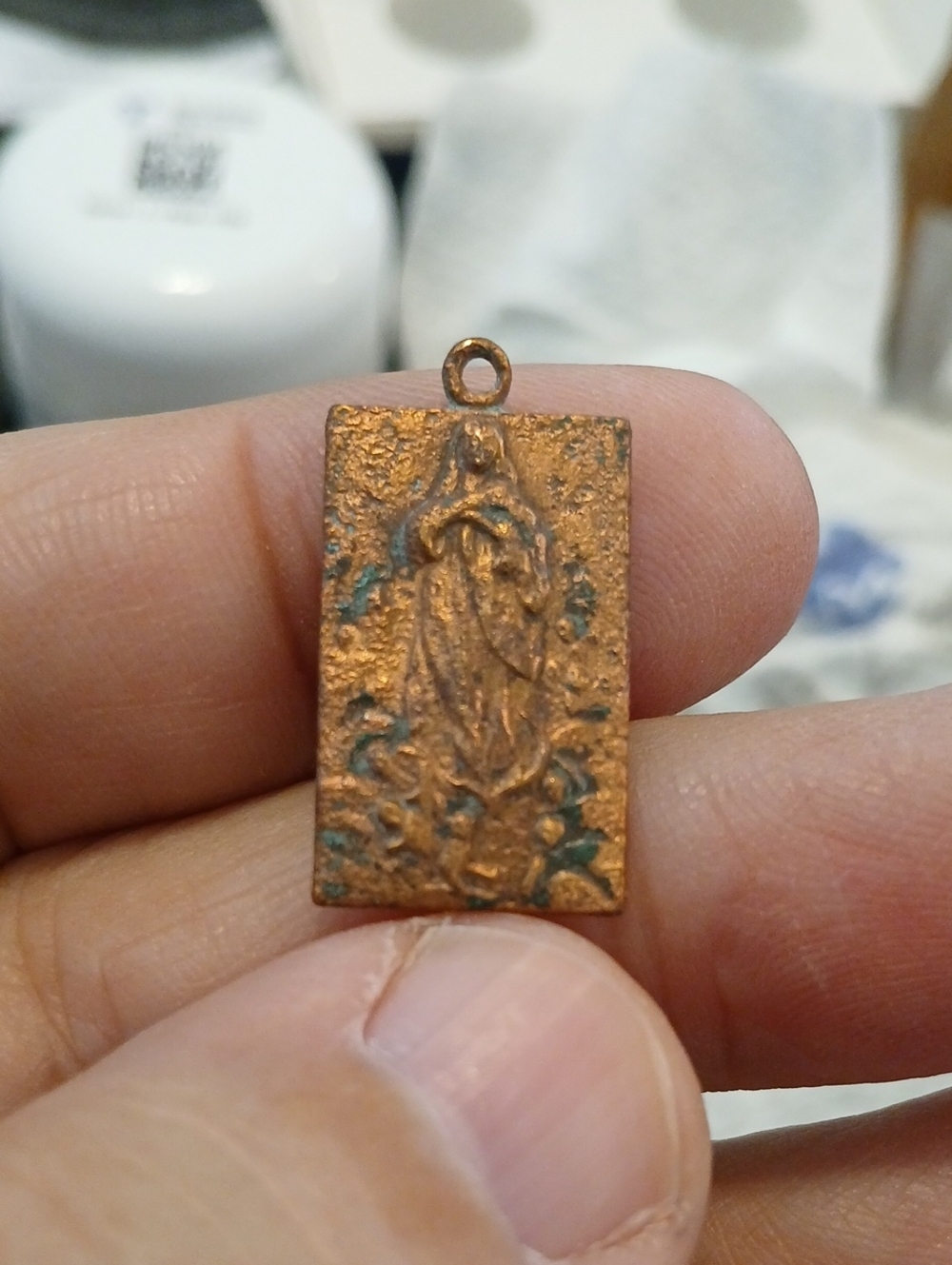 Religious Rectangular Copper Pendant - Copper/Green